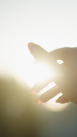 cerca de la mano alcanzando hacia la luz del sol brillante, creando una interacción cautivadora entre los dedos y los cálidos rayos del sol, con un fondo borroso