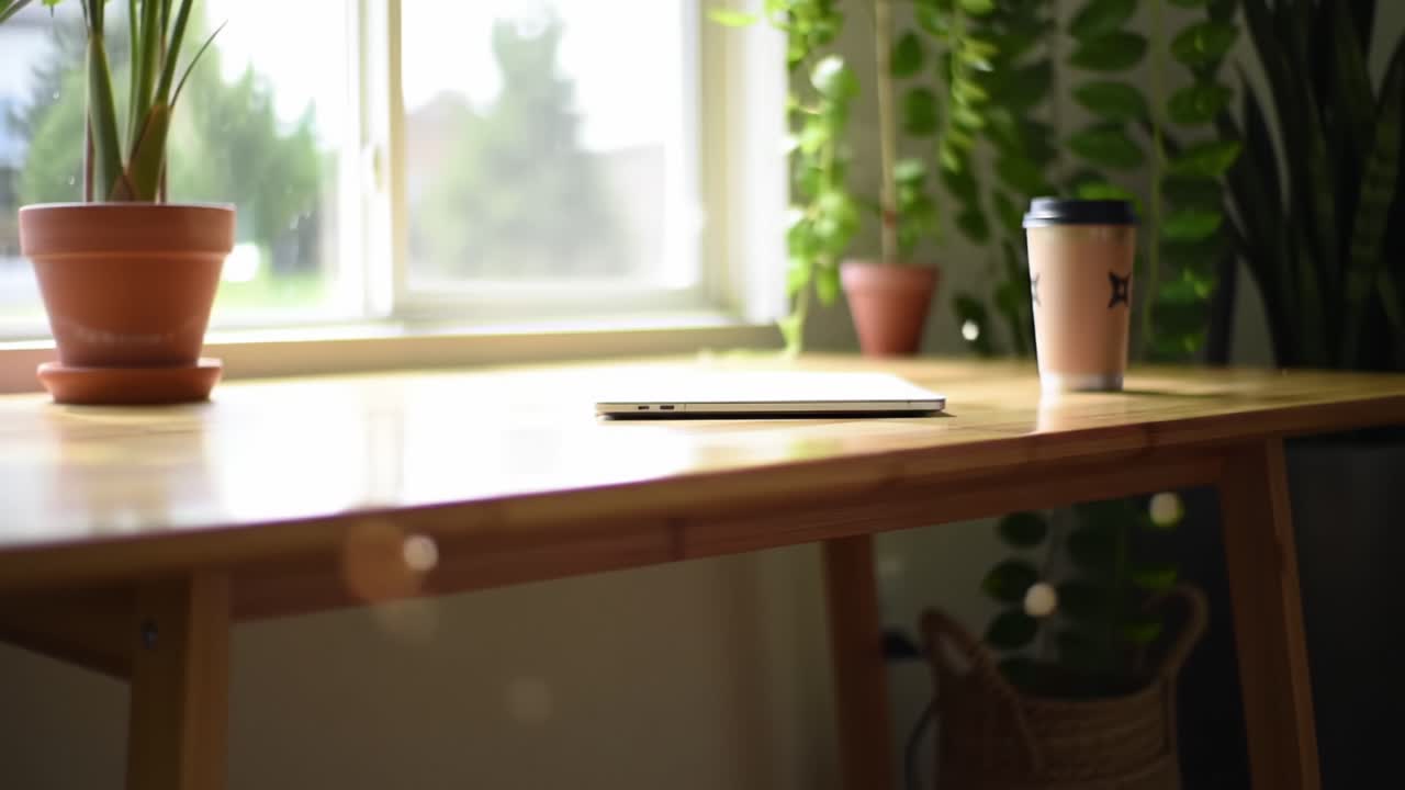 A Tranquil Workspace with Natural Elements: A Well-Designed Desk Adorned with Green Plants, a Coffee Cup, and a Tablet, Perfect for Inspiration and Productivity