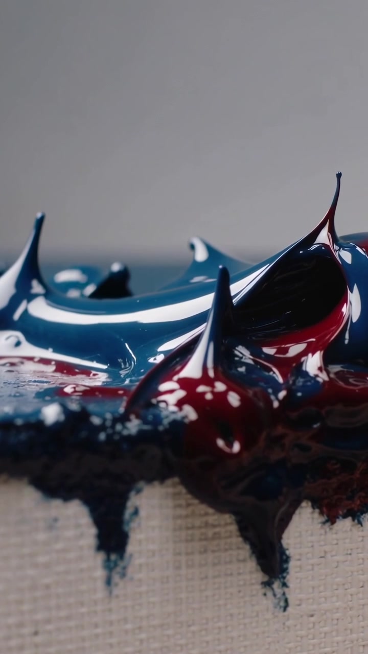 Vertical video: Forming teal paint mound rising sliding on studio canvas edge as gravity pulling