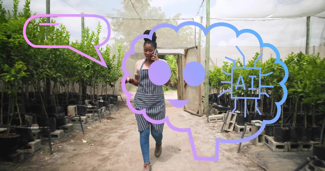 Nursery worker emerging from shade nets amid saplings, walking path as phone call spawning AI icons