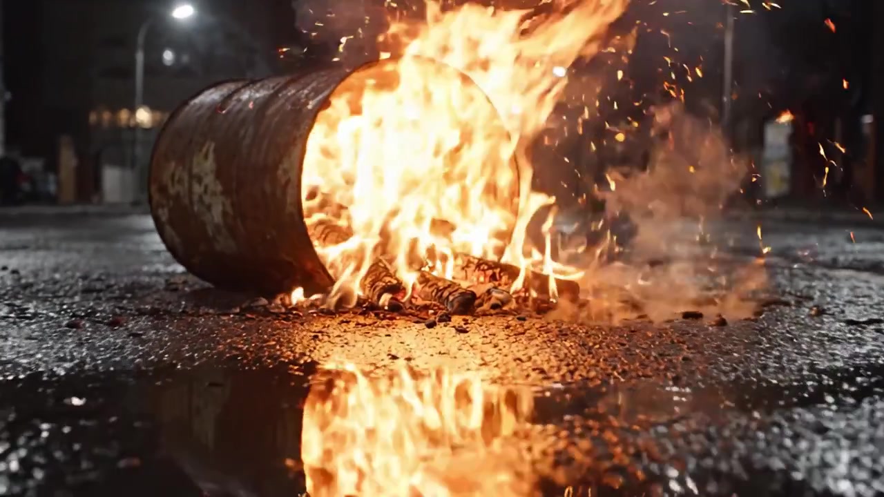 Scena Notturna Intensa: Un Barile in Fiamme Crea un Contrasto Viscerale contro il Terreno Bagnato e Riflettente, Illuminando la Strada Buia in un Contesto Urbano Caotico