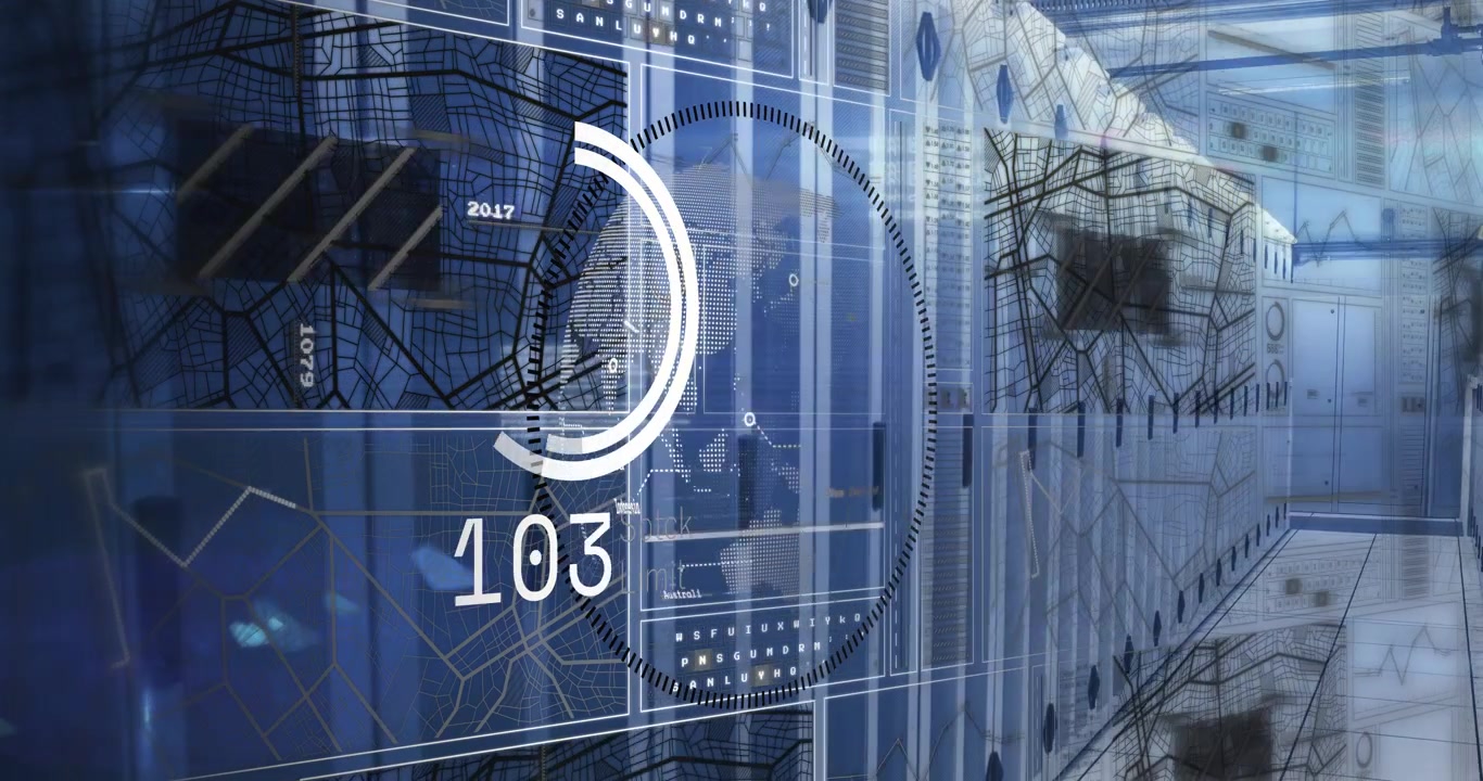 HUD globe appearing over server racks, ring rotating, readout rising then falling to show load