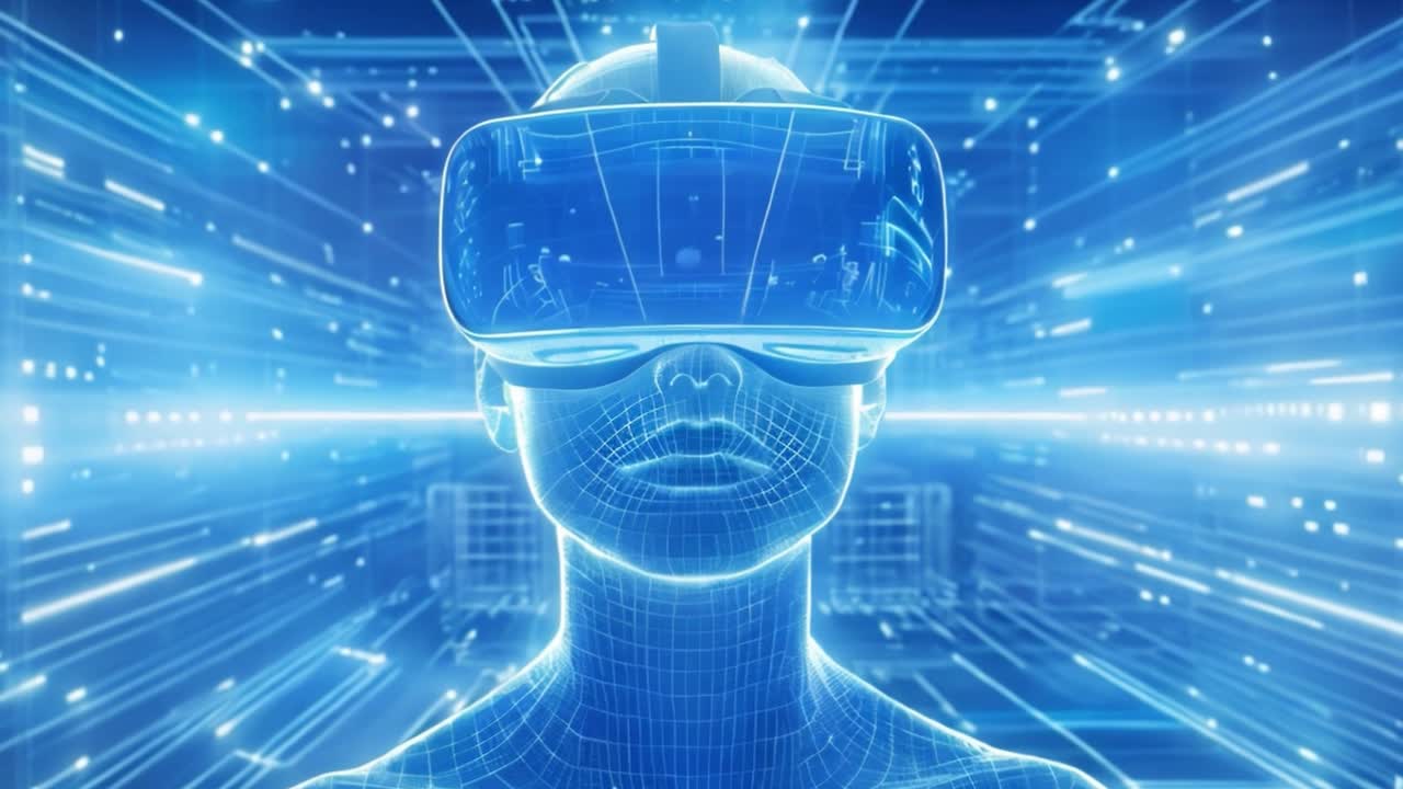 Futuristic Wireframe Figure with VR Headset in a Digital Environment