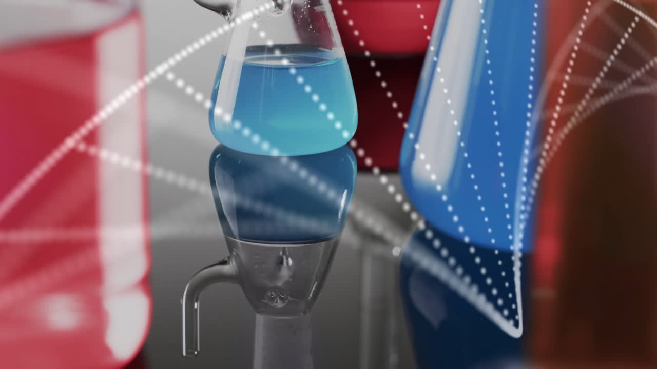 실험실 배경에서 컵 위에 있는 dna 가닥의 애니메이션