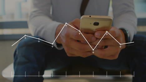 office worker analyzing smartphone data in lounge, displaying animated finance graph with markers