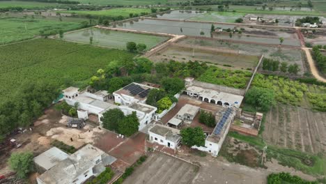 aerial view of rural village with solar panels on rooftop in badin district in sindh