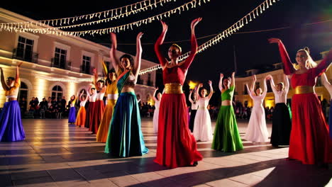 colorful night dance performance in a city square