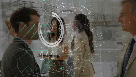 Animation of financial data processing over diverse people working at office