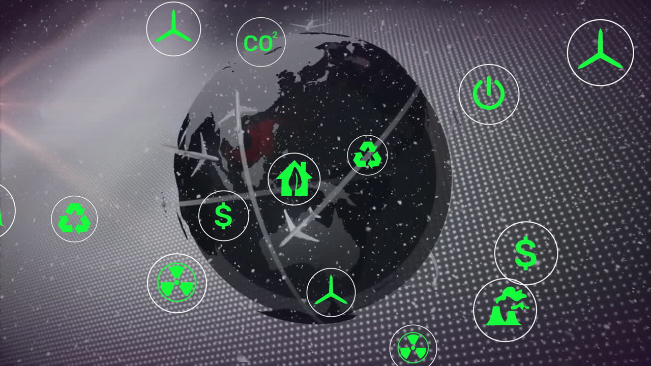 검은색 배경의 비행기와 함께 지구상에서 눈이 떨어지는 아이콘의 애니메이션