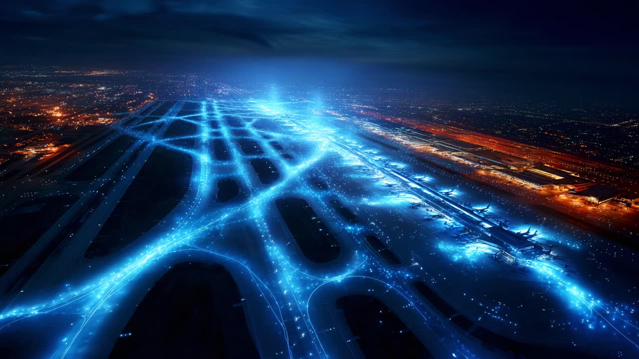 Aerial View of a Busy Airport Runway at Night, Illuminated by Bright Blue Light Trails and Surrounding City Lights, Showcasing Modern Aviation Infrastructure and Activity