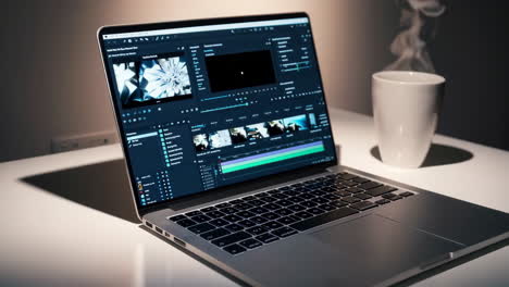 video editing laptop with coffee