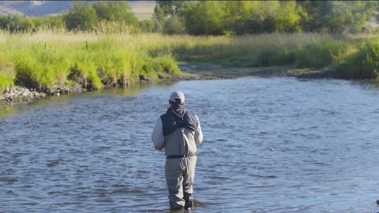 A fly fisherman on a beautiful summer morning casts for trout in a Montana river 5