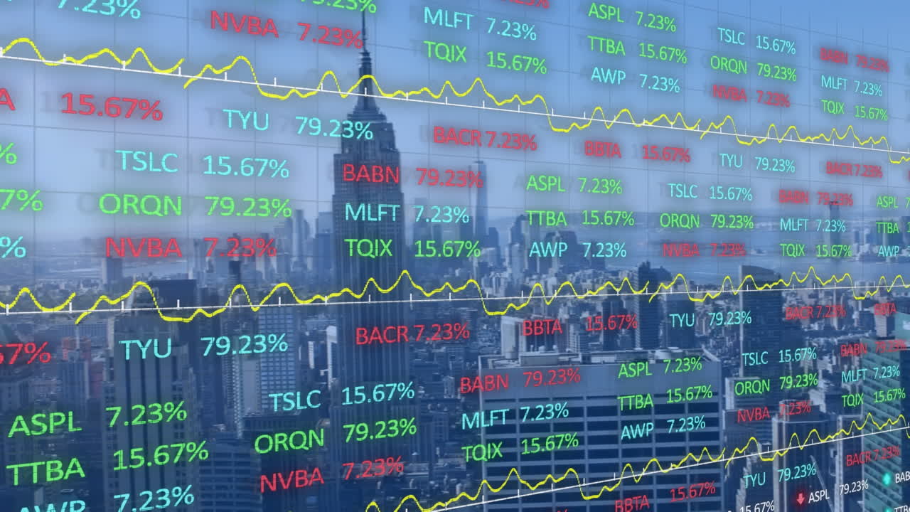 Animasjon av behandling av aksjemarkedsdata mot luftfoto av bylandskap
