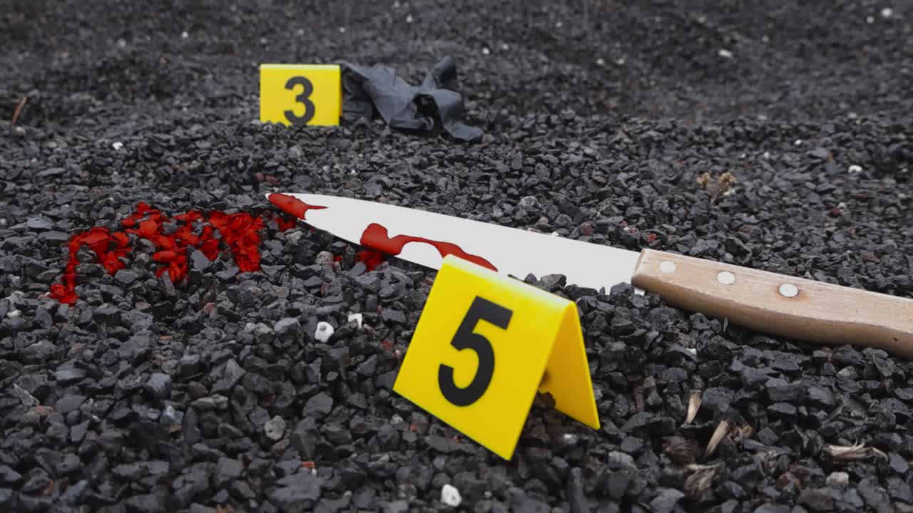 Close up view orbiting around yellow police crime markers placed next to bloody knife, blood stains and a black rubber or nylon glove on gravel ground outdoors. Bokeh blurry background, shallow depth