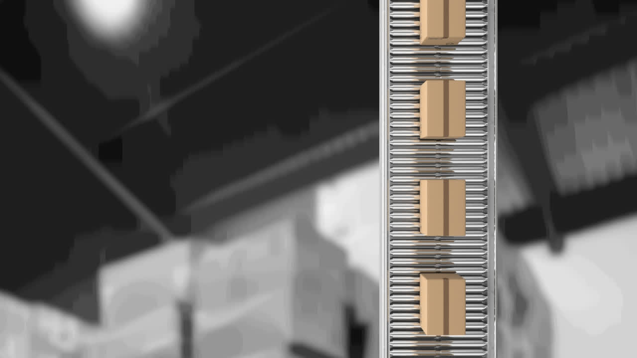 창고 위에서 컨베이어 벨트에 움직이는 카드보드 상자의 애니메이션