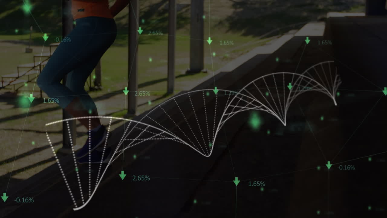 animación de procesamiento de datos y cadena de adn sobre una mujer afroamericana corriendo por las escaleras
