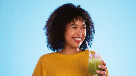 green juice, cheerful woman