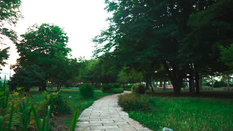 a scenic path winding through a park, lined with lush trees and vibrant green grass, showcasing the beauty of nature.