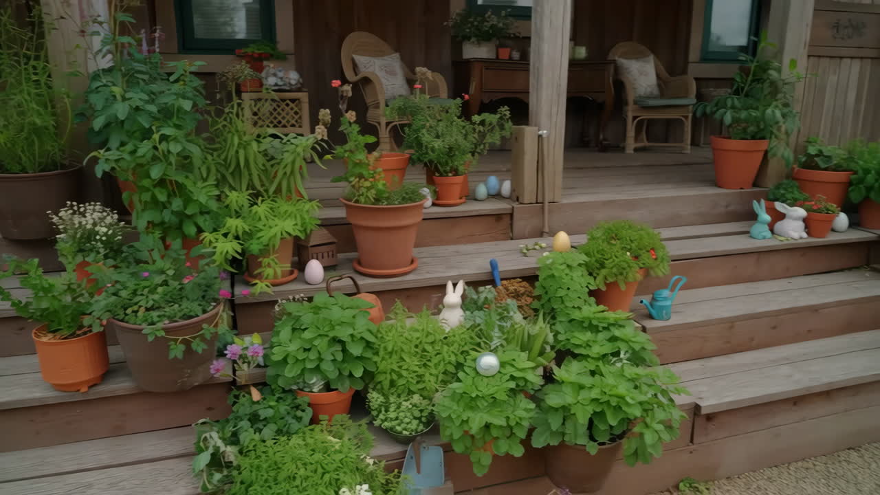 Plants and Easter decorations on a porch