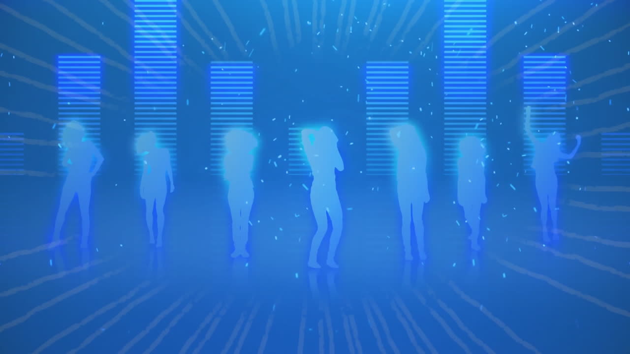 빛의 반점 위에 눈이 떨어지고 사람들이 춤을 추는 애니메이션