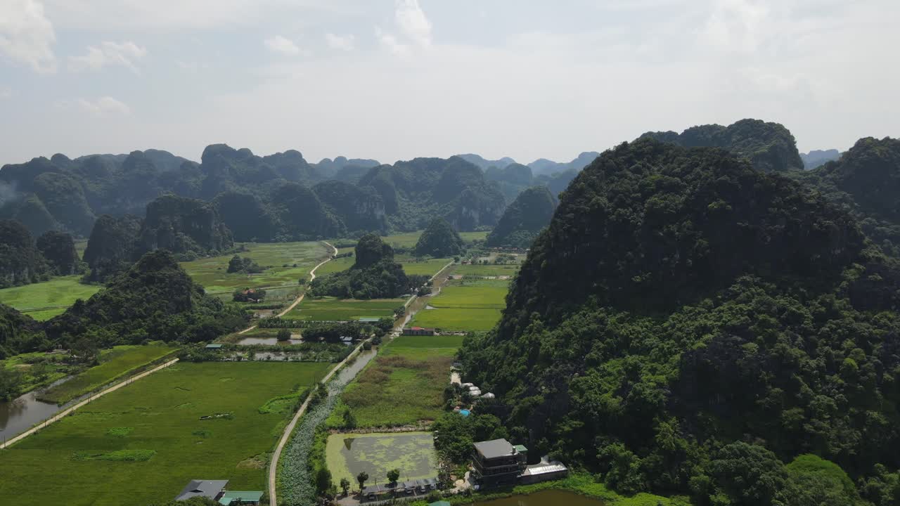 drone shot green vast rice field between jungle covered limestone mountains in Ninh Binh Viet Nam