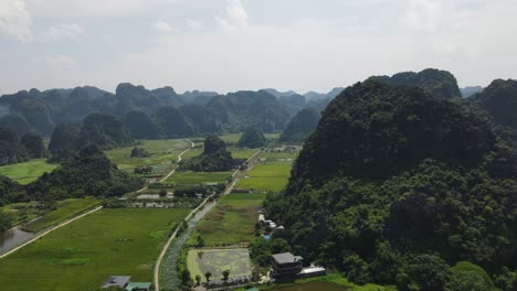 drone shot green vast rice field between jungle covered limestone mountains in Ninh Binh Viet Nam