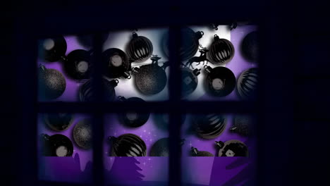 animation of santa claus in sleigh with reindeer in christmas winter scenery seen through window