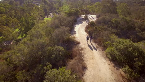 Mother-hiking-with-daughter-on-empty-path,-aerial-shot