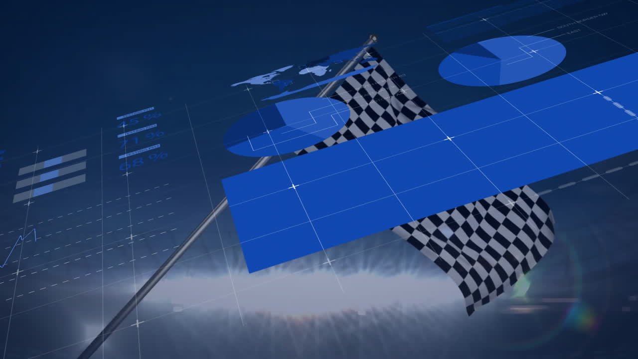 Checkered flag and blue geometric shapes with data charts in digital animation