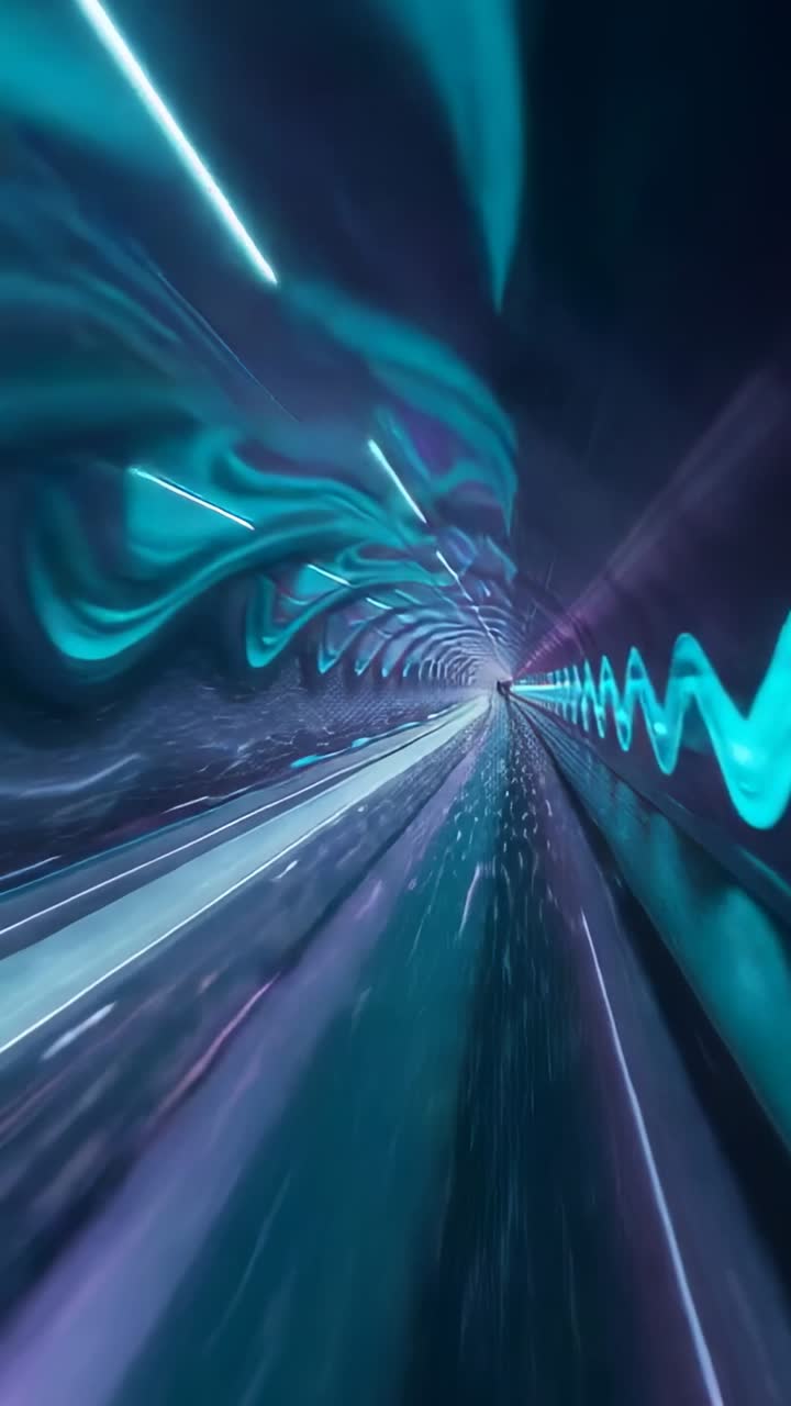 Video verticale: Inizio riproduzione, telecamera in movimento attraverso un tunnel al neon per il transito, mostrando una forma d'onda verde acqua.