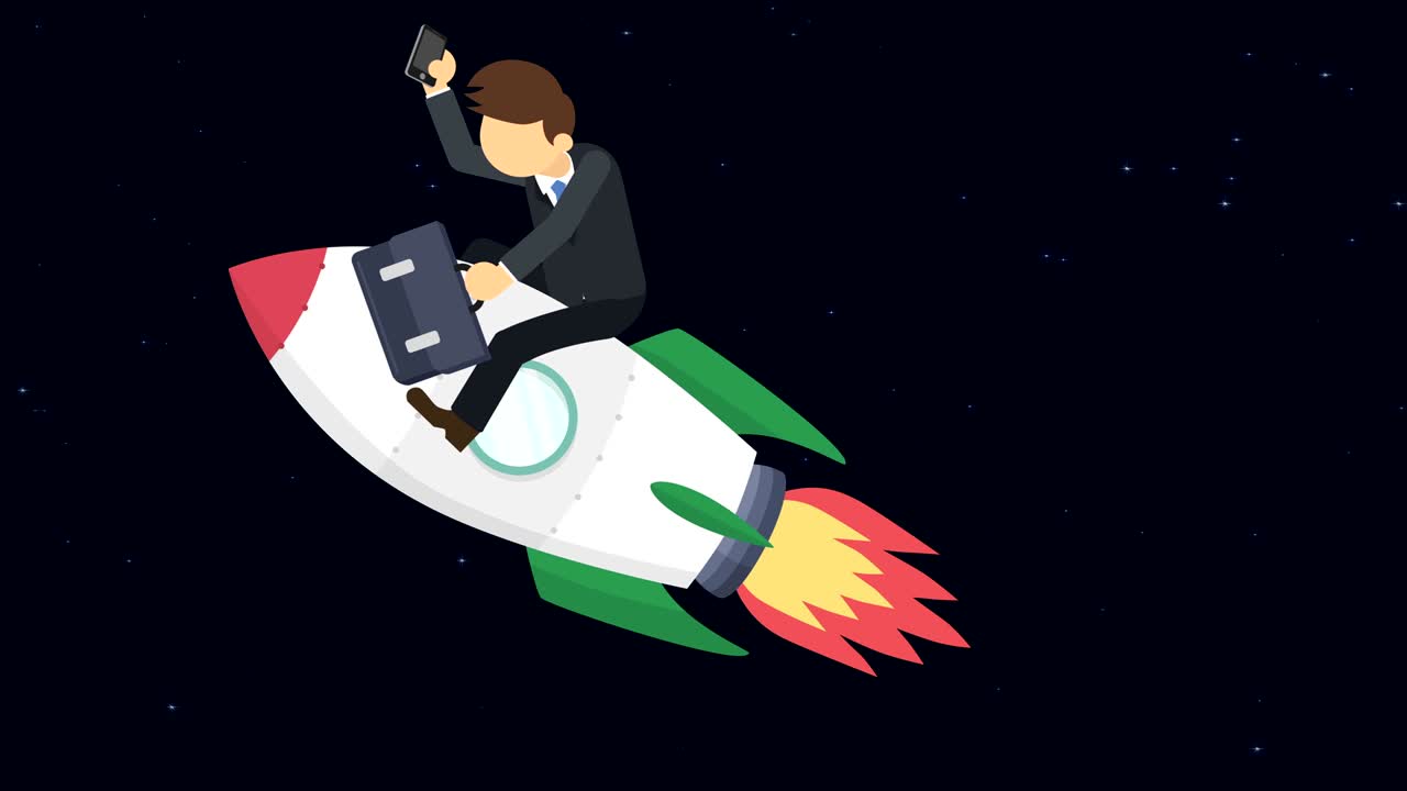 Business man flying on rocket through the space. Leap concept. Loop illustration in flat style.