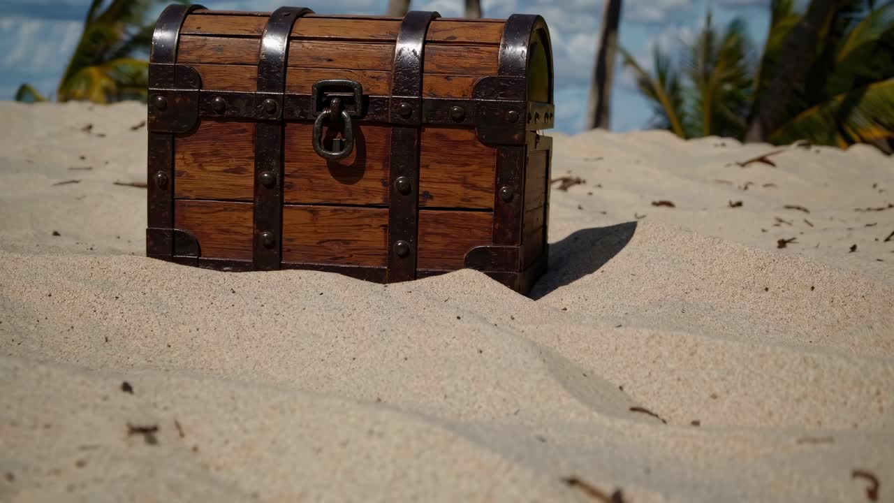 A wooden treasure chest on a sandy beach, captured from a low-angle shot
