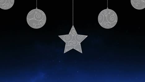 Animation-of-christmas-baubles-and-fireworks-over-dark-background