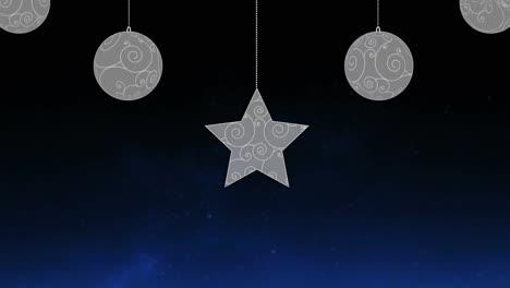 animation of christmas baubles and fireworks over dark background