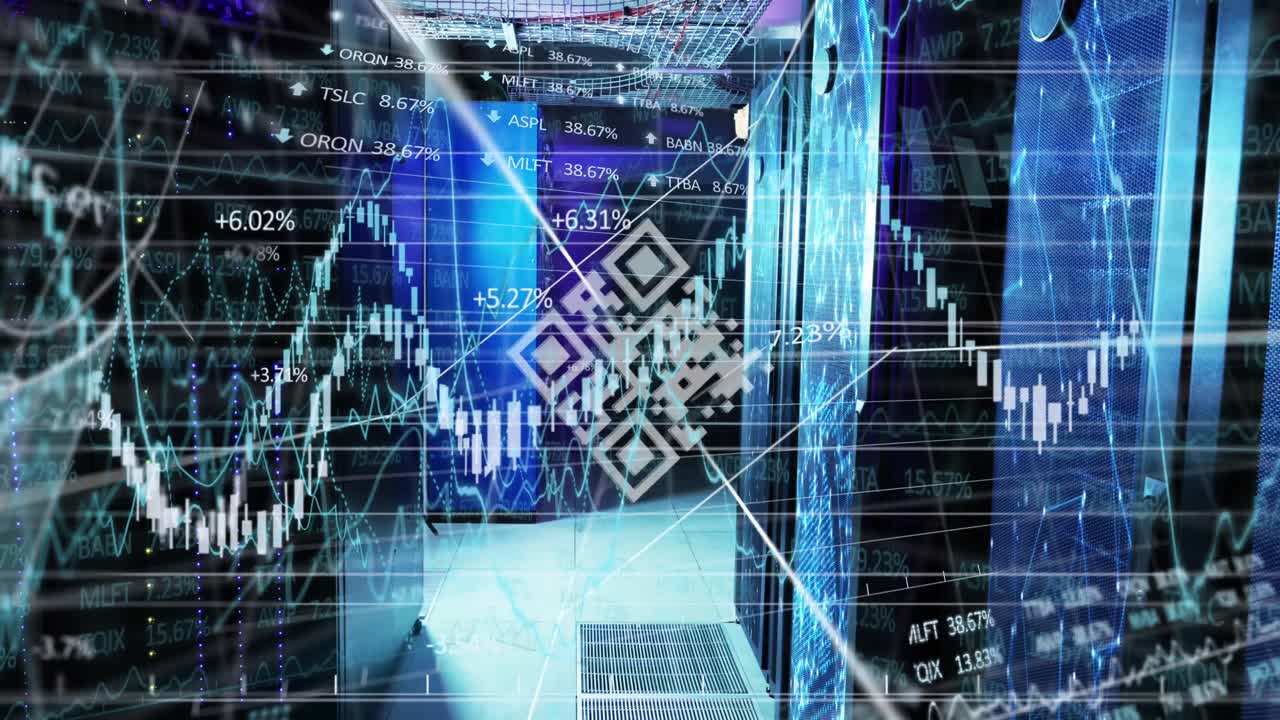 Animation of financial data processing over server room and qr code