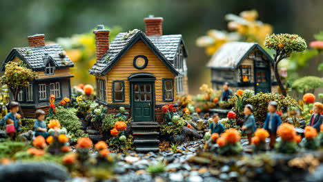 miniature village with vibrant flowers and tiny figures in a garden setting