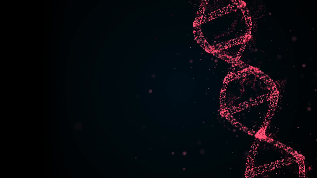 presentación animada de células de adn infectadas que giran sobre un fondo negro y emiten luz roja.