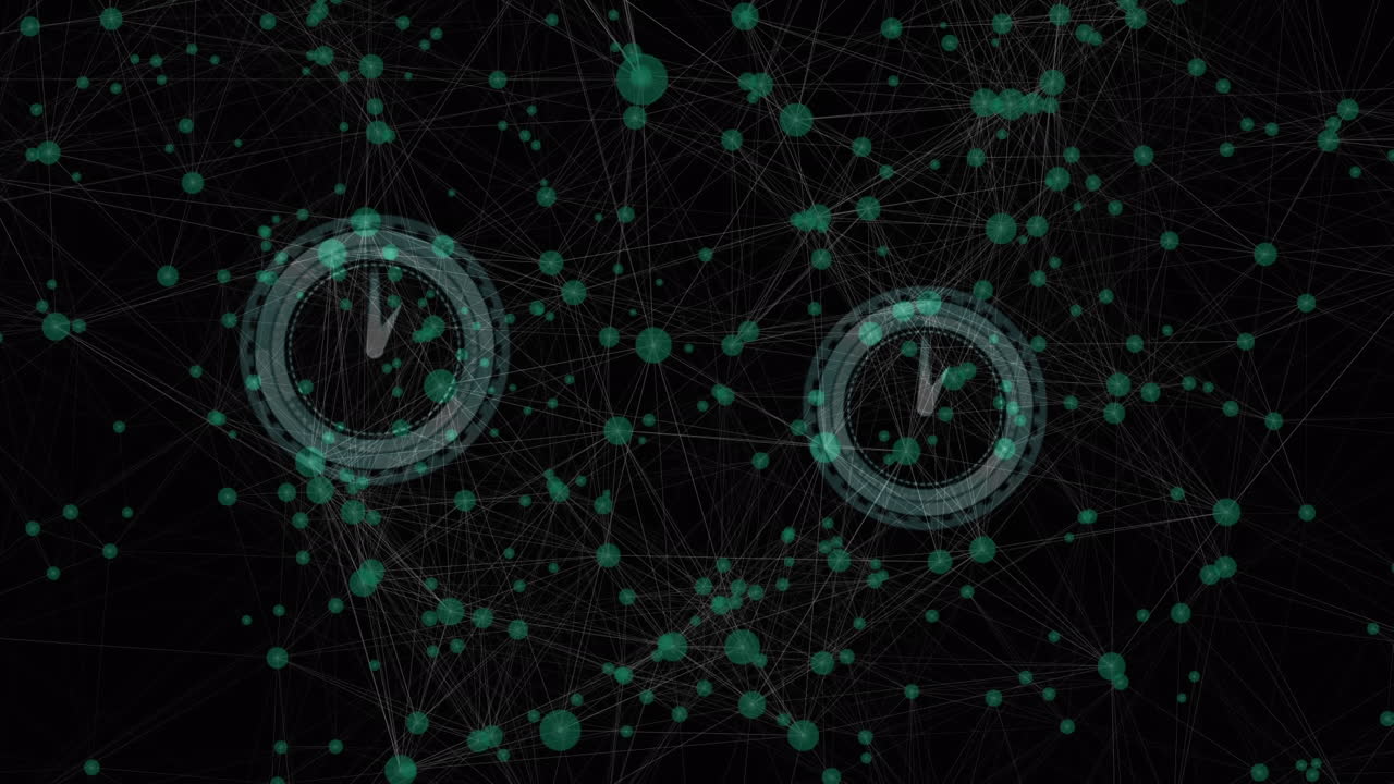 Animation of network of connections and clock over dark background