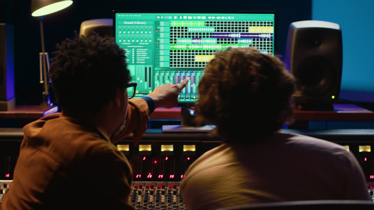 Diverse people processing and mixing sounds on audio console