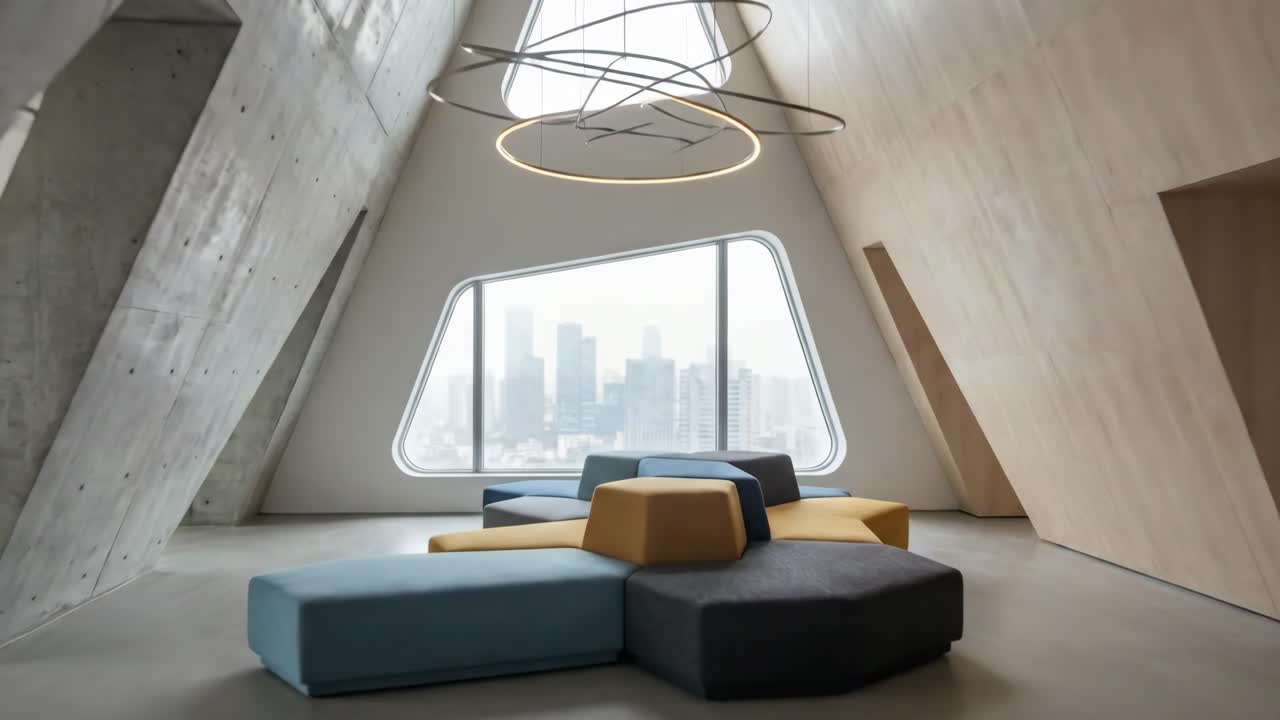 Moderne arkitektonisk interiør med udsigt over byens skyline og modulsiddepladser