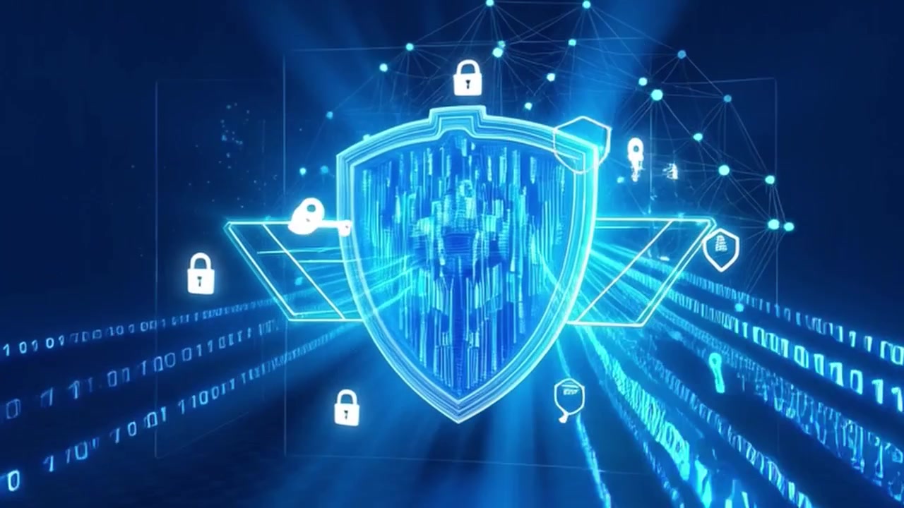 Digital Cybersecurity Shield with Binary Code and Network Connections