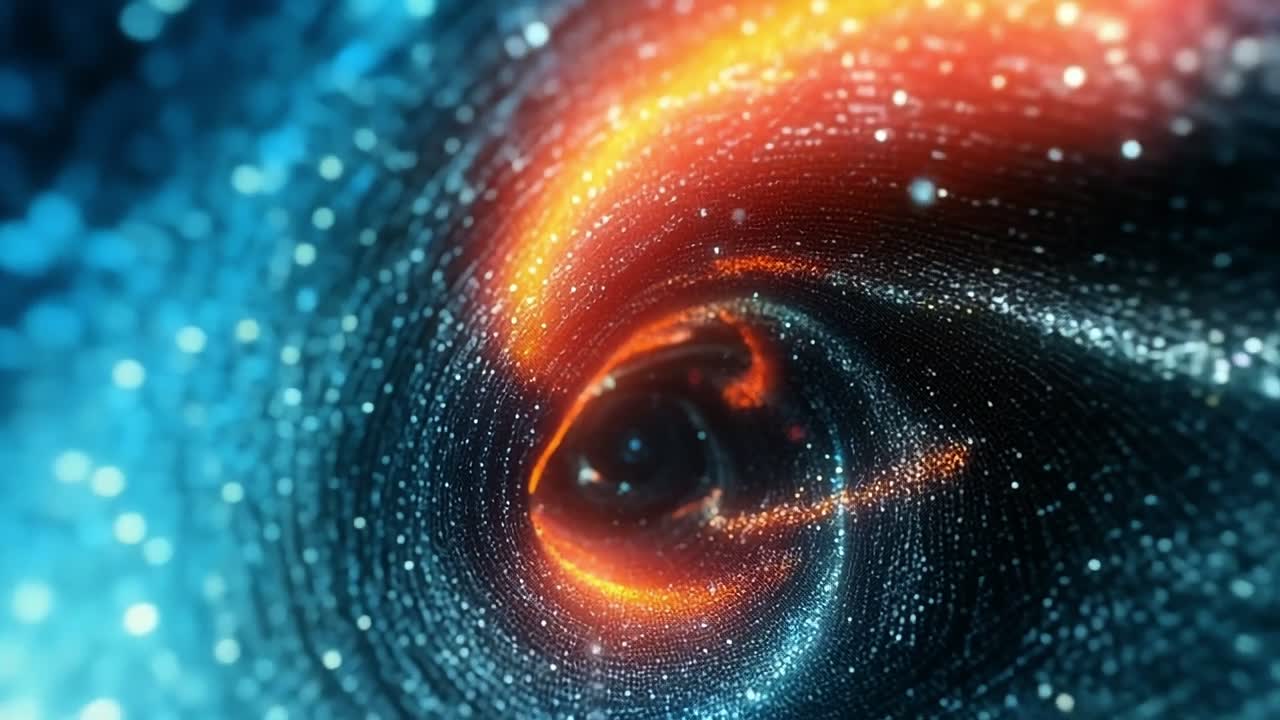 Swirling colors in a cosmic vortex. Bright blue and orange particles swirl in a dynamic cosmic vortex, creating an enchanting visual experience of motion.