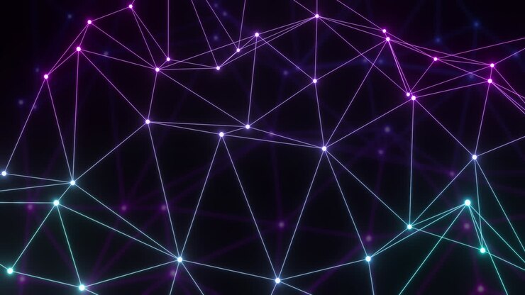 Animazione di una rete di connessioni con nodi luminosi su sfondo nero.