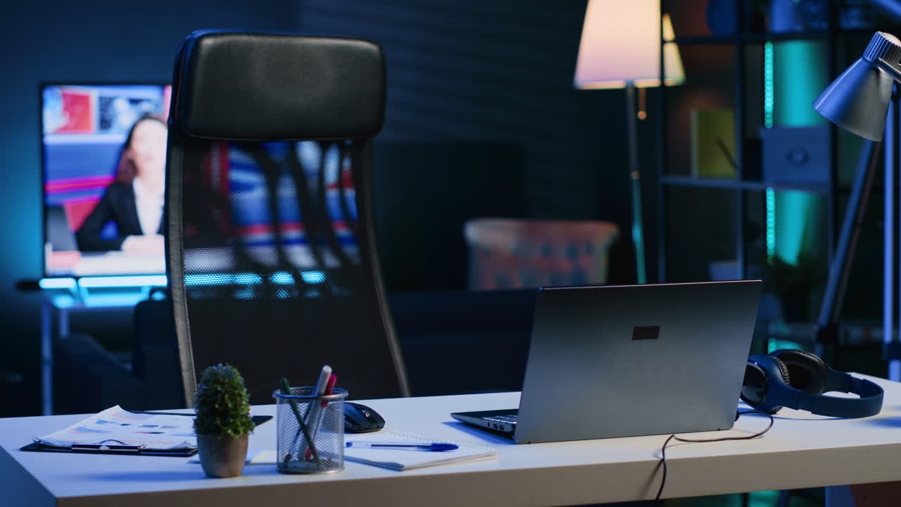 Dimly lit apartment with office desk in front of smart TV displaying news program