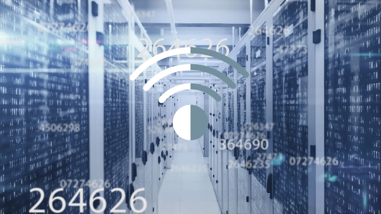 numeri multipli che cambiano e simbolo wifi che galleggia contro la stanza del server del computer vuota