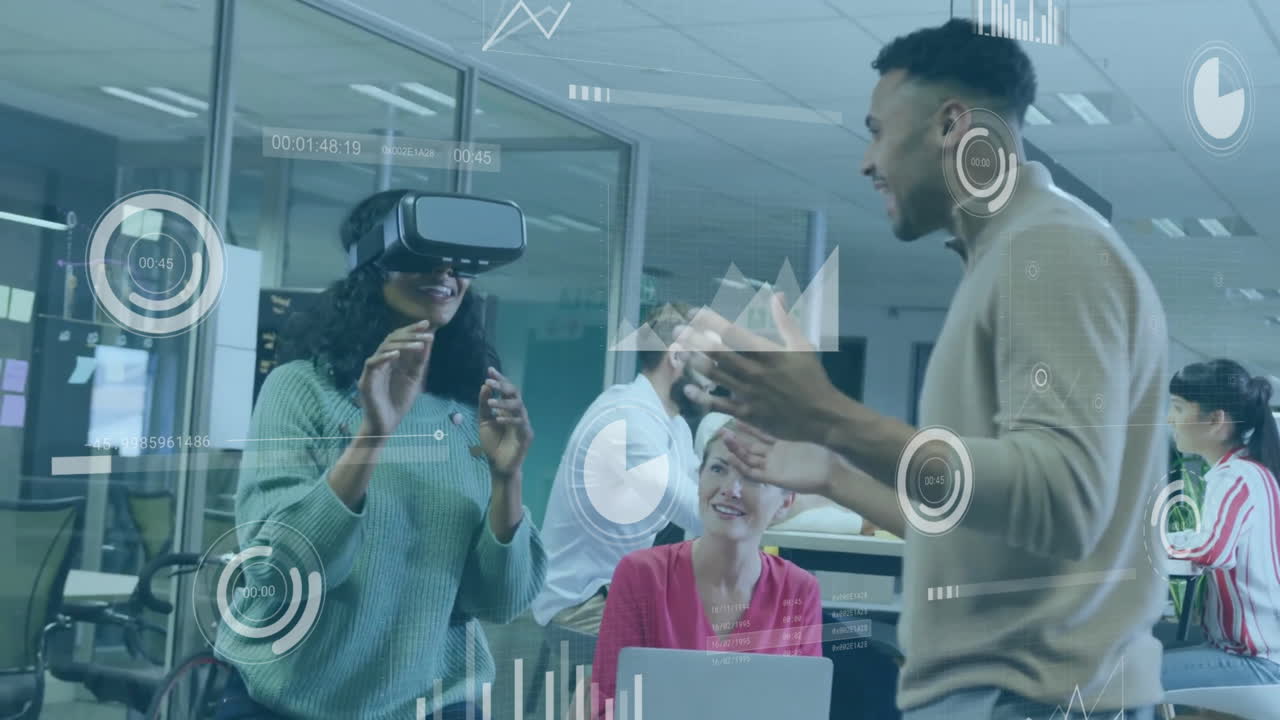 Animation of financial data processing over diverse business people in office