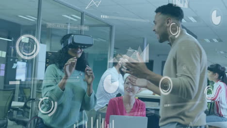 animation of financial data processing over diverse business people in office