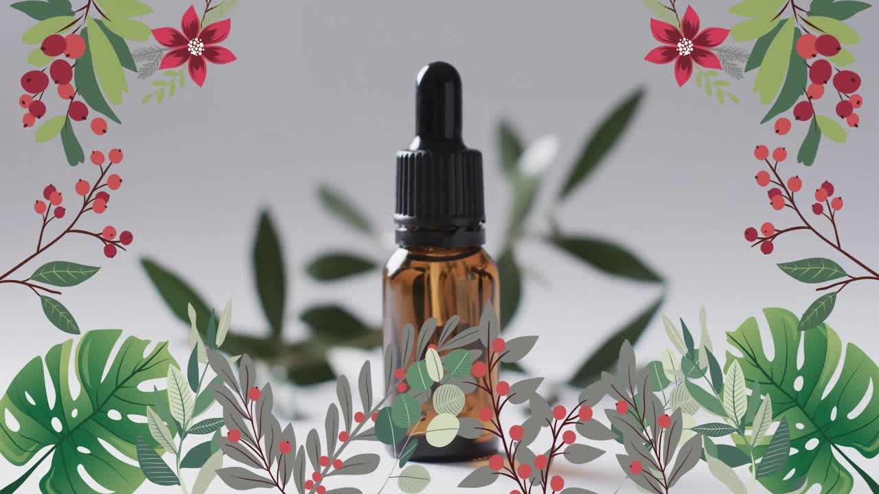 animación de marco de flores con botella marrón y espacio de copia sobre fondo blanco