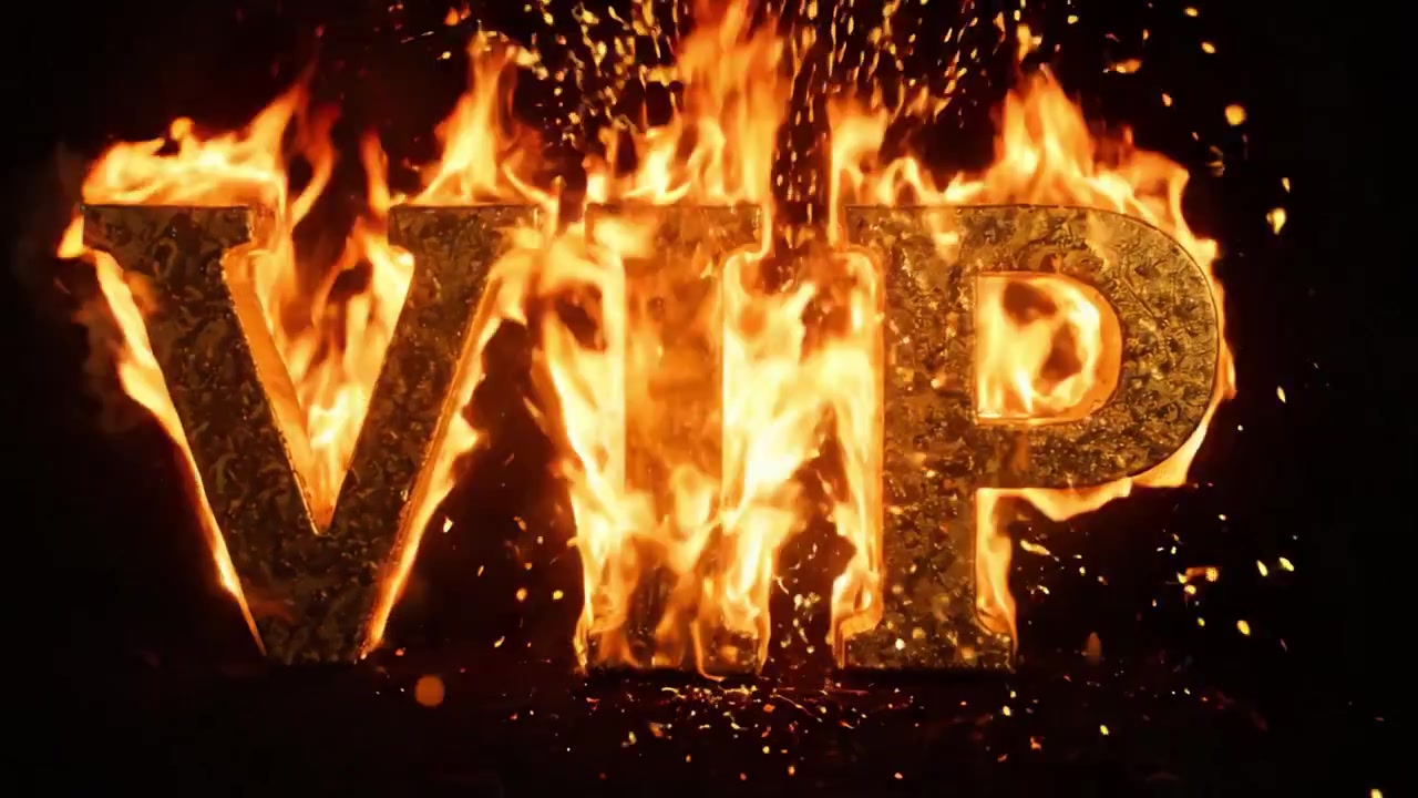 Esposizione dinamica di lettere VIP fiammeggianti: un'immagine sorprendente che simboleggia esclusività e il potere elementare del fuoco che si accende in uno spettacolo accattivante