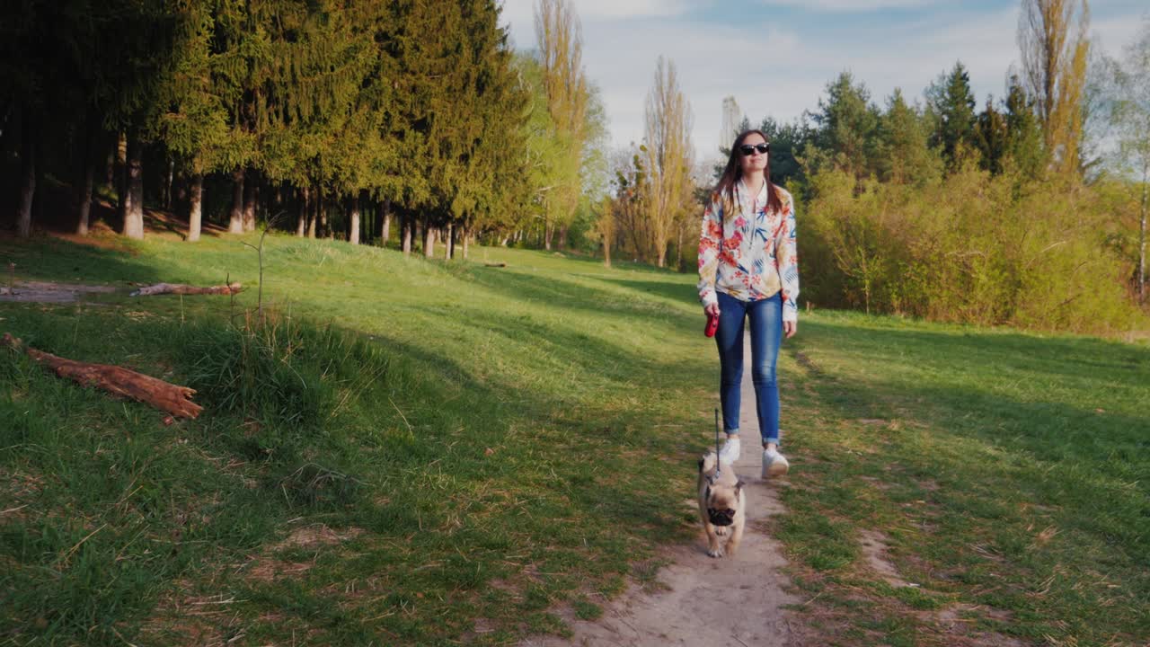mujer joven con gafas de sol caminando con el perro en el parque. va contra el telón de fondo de la naturaleza pintoresca a lo largo del camino